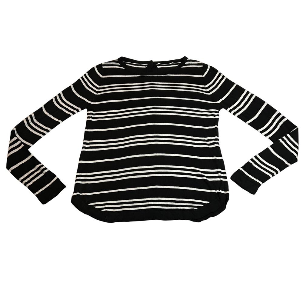 Women's Crewneck Stripe Knit Top Size XS Button Back Lightweight Casual Neutral